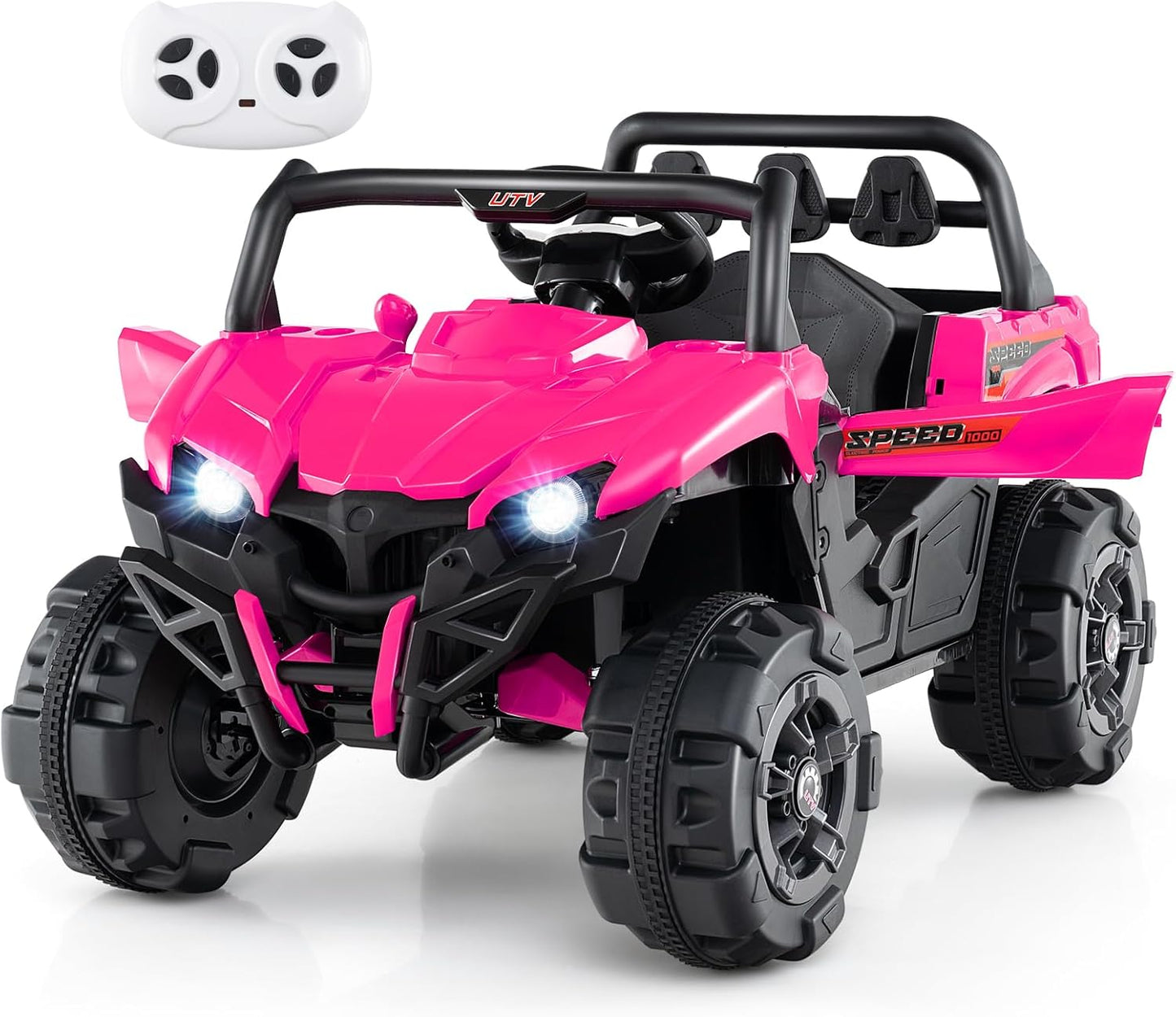 OLAKIDS 12V Ride on Car UTV, Battery Powered Off-Road Kids Electric Vehicles with Remote Control, Music, Horn, MP3, Lights, 3 Speeds, Soft Start, Ride on Truck for Boys Girls (Pink)