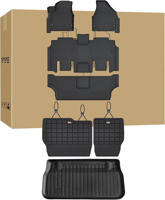Floor Mats, Trunk Liner & Backrest Mat for 2017-2024 2025 Chrysler Pacifica Gas Touring 7/8 Seat (Non Hybrid & Non Pinnacle) Customized TPE All Weather Car Floor Liners with Backrest Protection Black