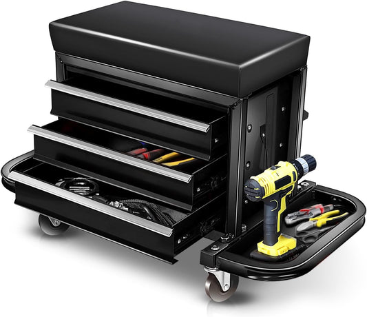 Auto Dynasty 3-Drawer Mechanic Rolling Seat, 350 LBS Capacity Roller Garage Shop Seat with Storage Tool Tray for Workshop, Repair Shop, Warehouse, Black