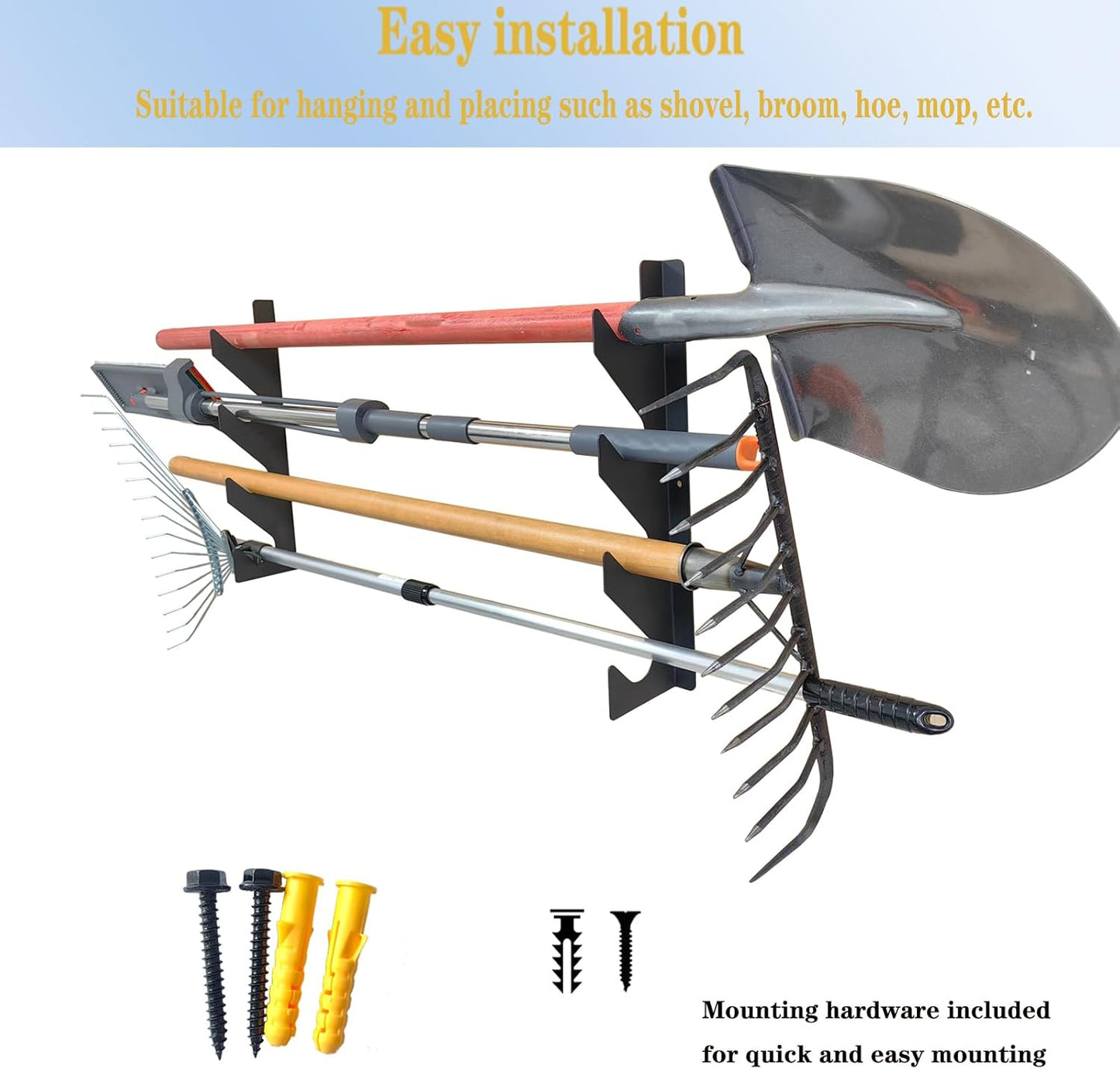 Wall Mount Garden Storage Tool Organizer, Heavy Duty Shed Tool Organizer for Shovels and Rakes, Tool Rack for Garage Organization & Storage, Holds 150 lbs Black