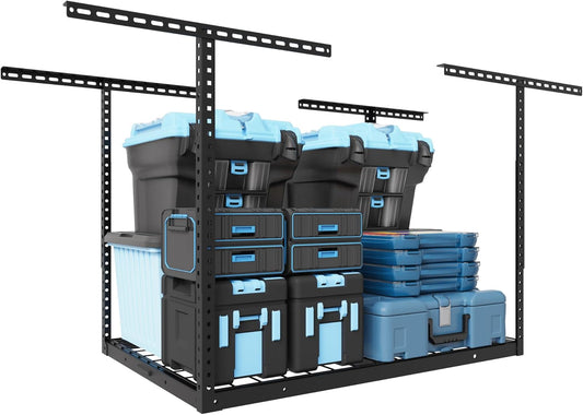 FLEXIMOUNTS 4x4FT Garage Storage Rack Overhead, Adjustable Ceiling Storage Racks, Metal Garage Organization System with 350LBS Weight Capacity(Black)