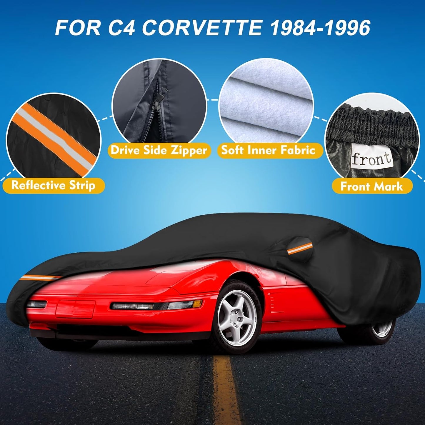 QUNSUNUS Waterproof Car Cover for C4 Corvette 1984-1996, Outdoor Car Covers with Zipper, All Weather Full Exterior Cover with Straps and Elastic Edges for Wind, Sun, UV and Dust Protection