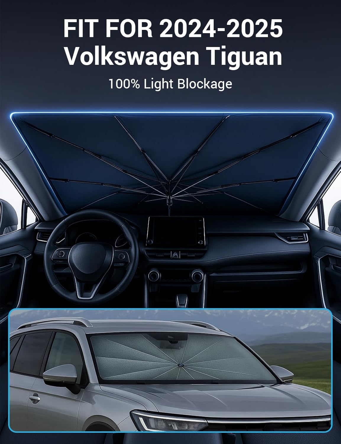 Proadsy Windshield Sun Shade Umbrella for Volkswagen Tiguan 2024-2025 2026 Foldable Car Umbrella Sunshade with Soft TPU Handle Spring Structure Crystal Cooling Material Protect Car from Rays & Heat