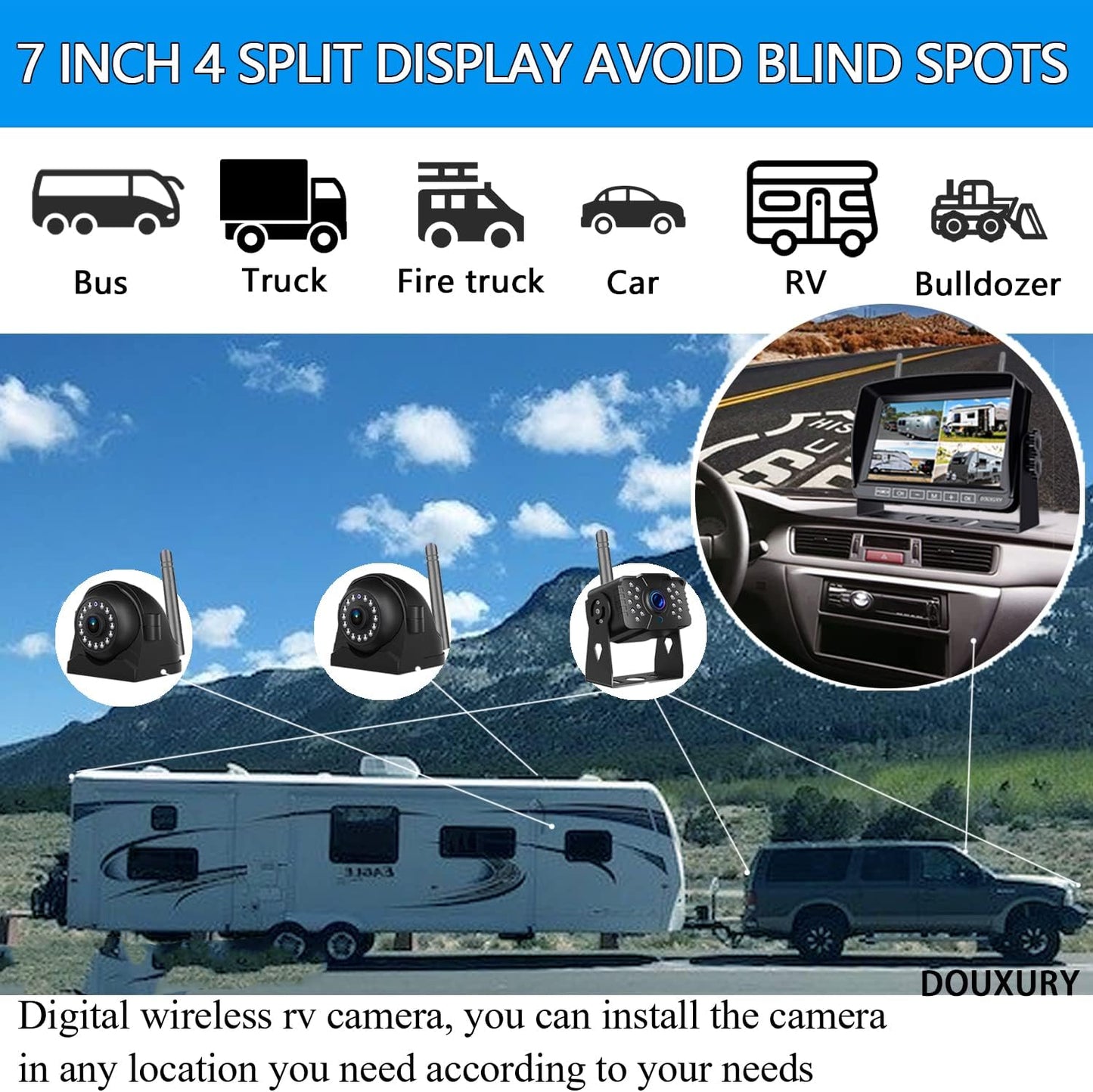 Wireless Backup Camera for RV Truck Trailer Camper Bus 5th Wheel 3 Rear/Side View Cameras 1080P 4-Split 7" Screen with Adapter for Furrion Pre-Wired Night Vision IP69 Waterproof 170° Wide View Angle