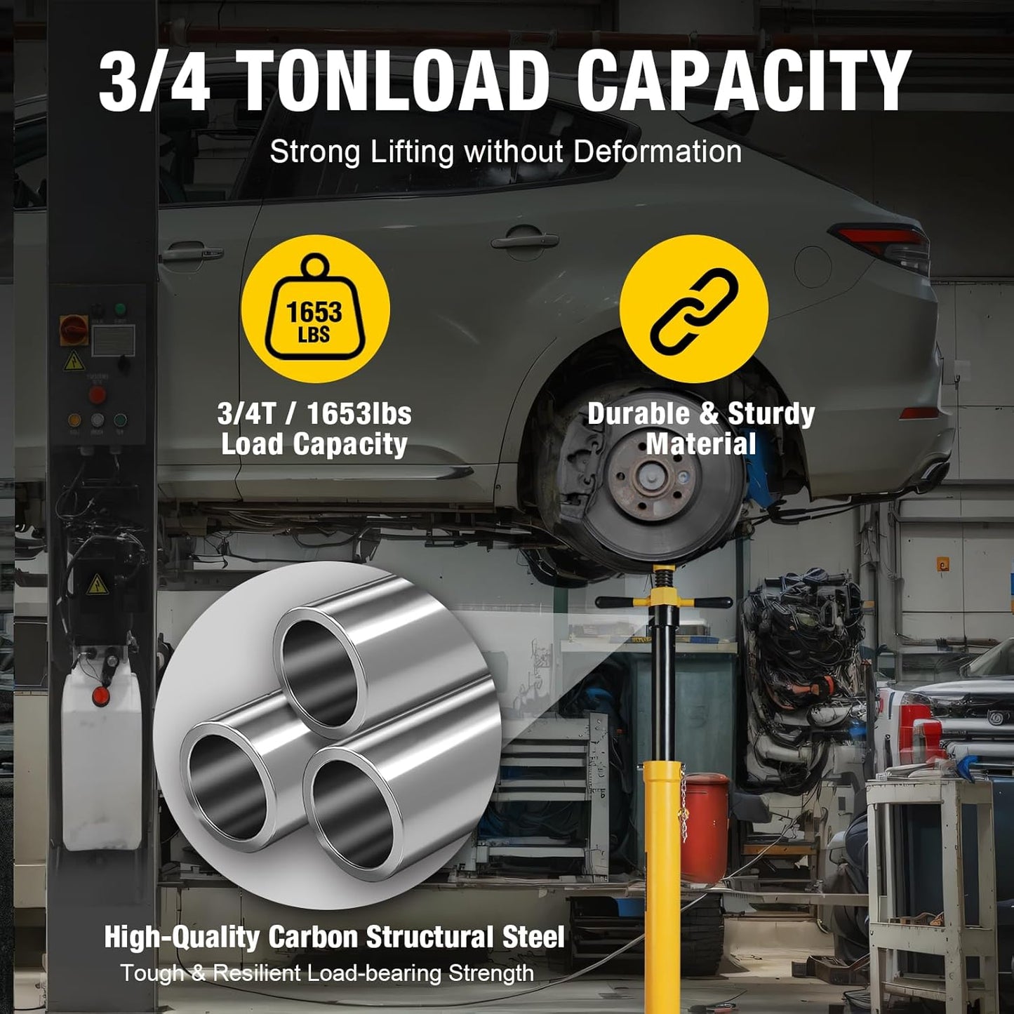 YELLOW JACKET 3/4 Ton Underhoist Support Stand with Two Wheels, Lifting from 43.3" to 70.9", Bearing Mounted Spin Handle, Contoured Saddle, Supports Vehicle Components, Self-Locking Screw