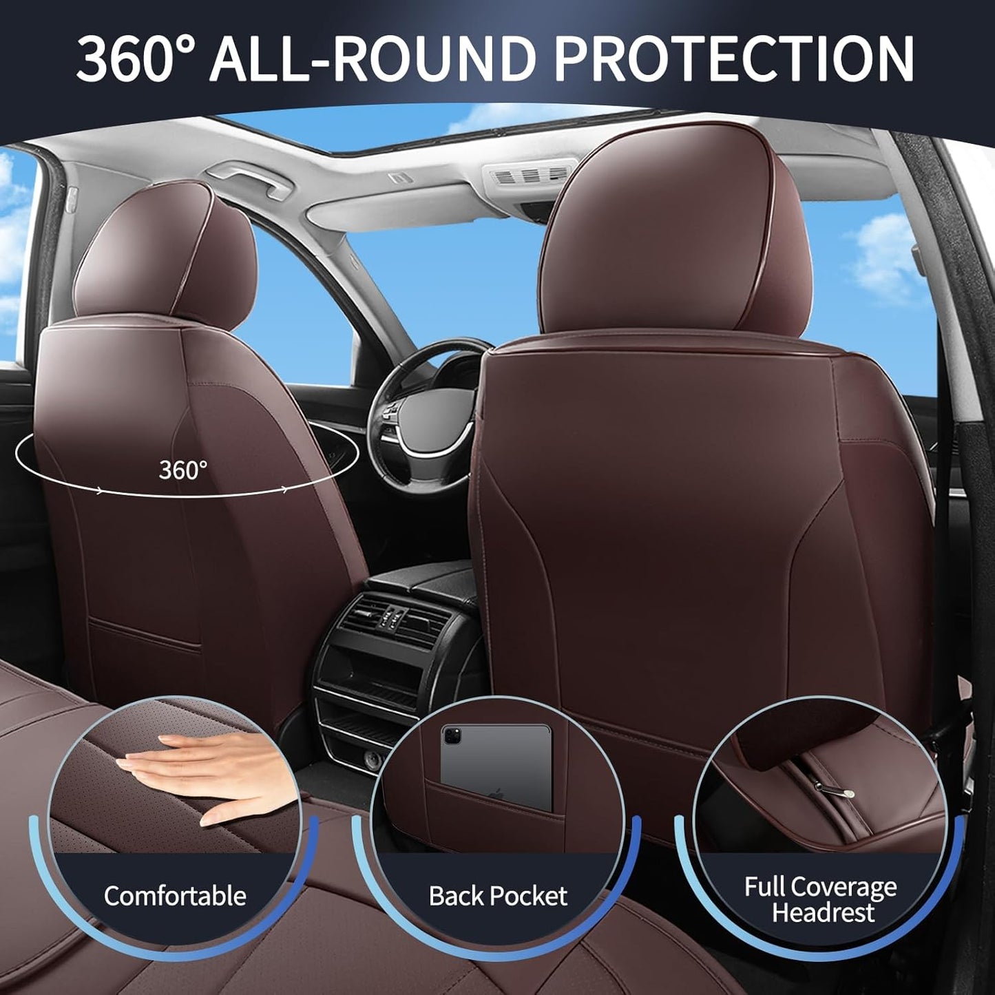 Car Seat Covers Front Seats,Brown Leather Car Seat Covers,Luxury Waterproof Seat Covers,Universal Seat Cushion Protector Automotive Seat Covers for Most Sedans SUV Trucks
