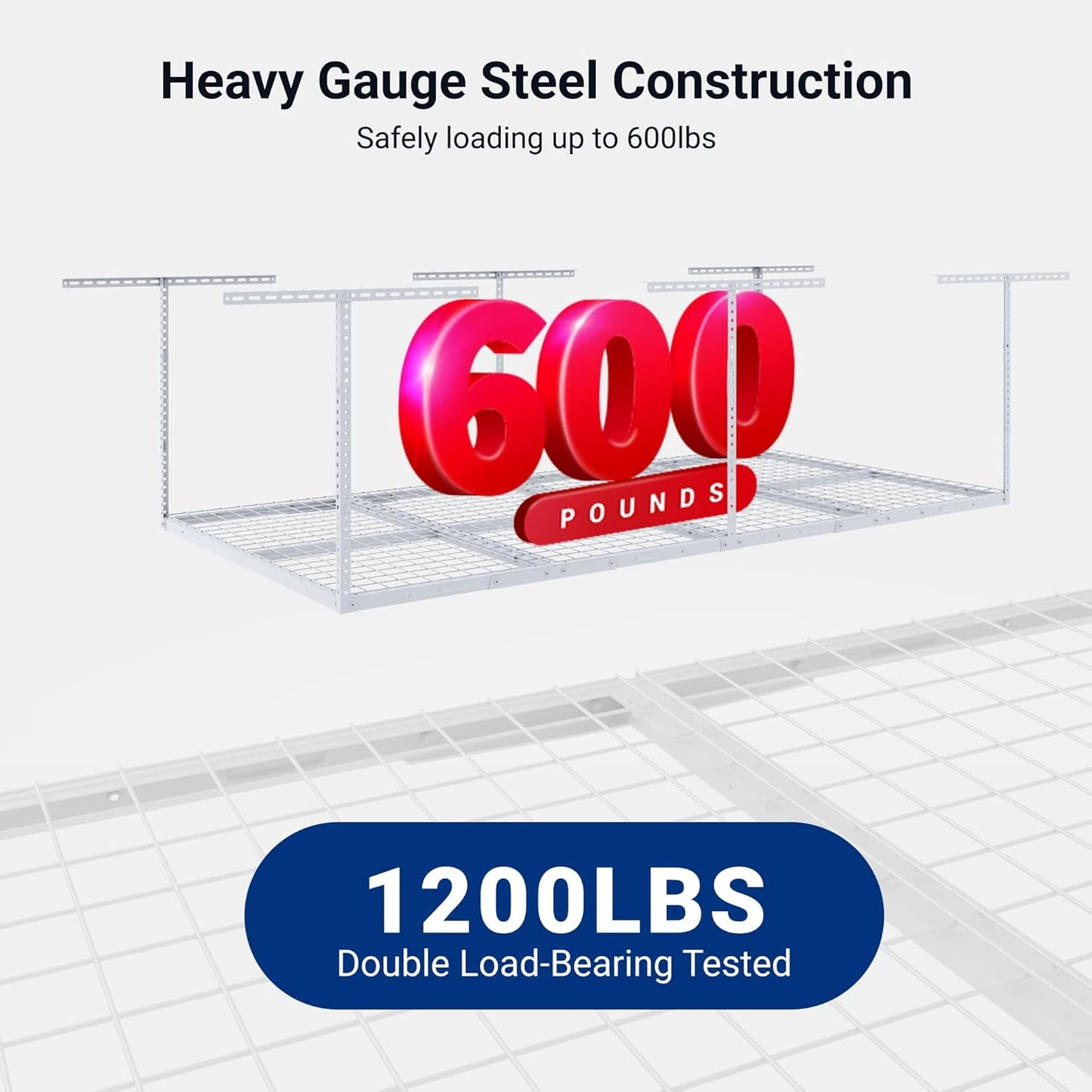 FLEXIMOUNTS 4x8 Overhead Garage Storage Rack, Adjustable Organization System, Heavy-Duty Metal Ceiling Racks, 600lbs Weight Capacity, White