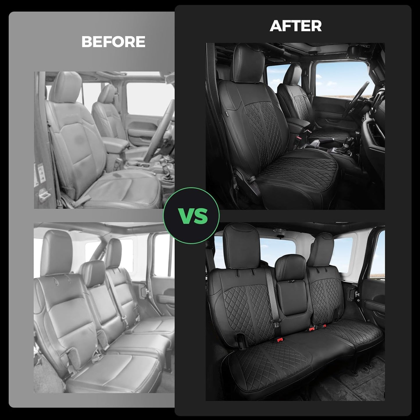 for Jeep Wrangler Seat Covers 4Door JL 2018 2019 2020 2021 2022 2023 2024 2025, Custom Fit Car Seat Cover Full Set, Luxury Waterproof Leather Seat Protectors, Black, with Rear Cup Holder