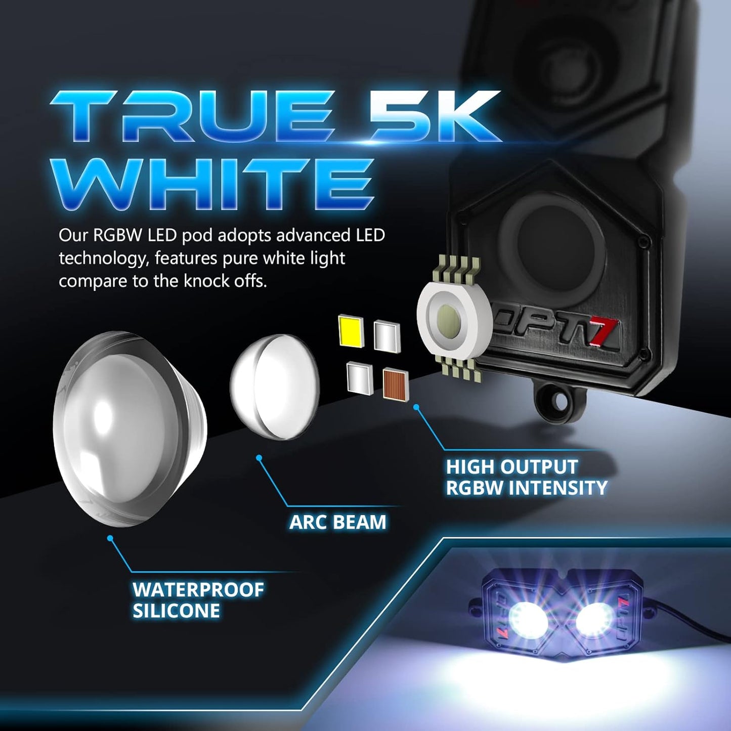 OPT7 Quantum RGBW LED Rock Lights with Remote Control, 4 Pods Wide Angle Multicolor Neon Underglow Lighting Kit with Extension Wire, IP68 Waterproof for Offroad Truck Jeep RZR ATV UTV SUV