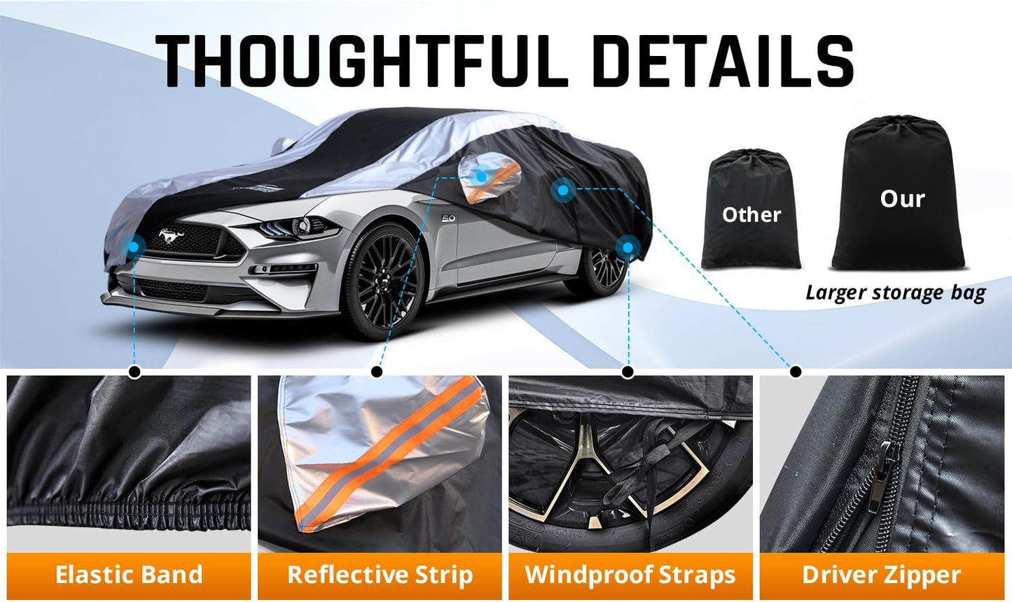 Mustang Car Cover Waterproof All Weather with Silver Strip Design, Custom Fit for Ford Mustang 1994–2025, Mustang Accessory with Door Zipper & Windproof Straps