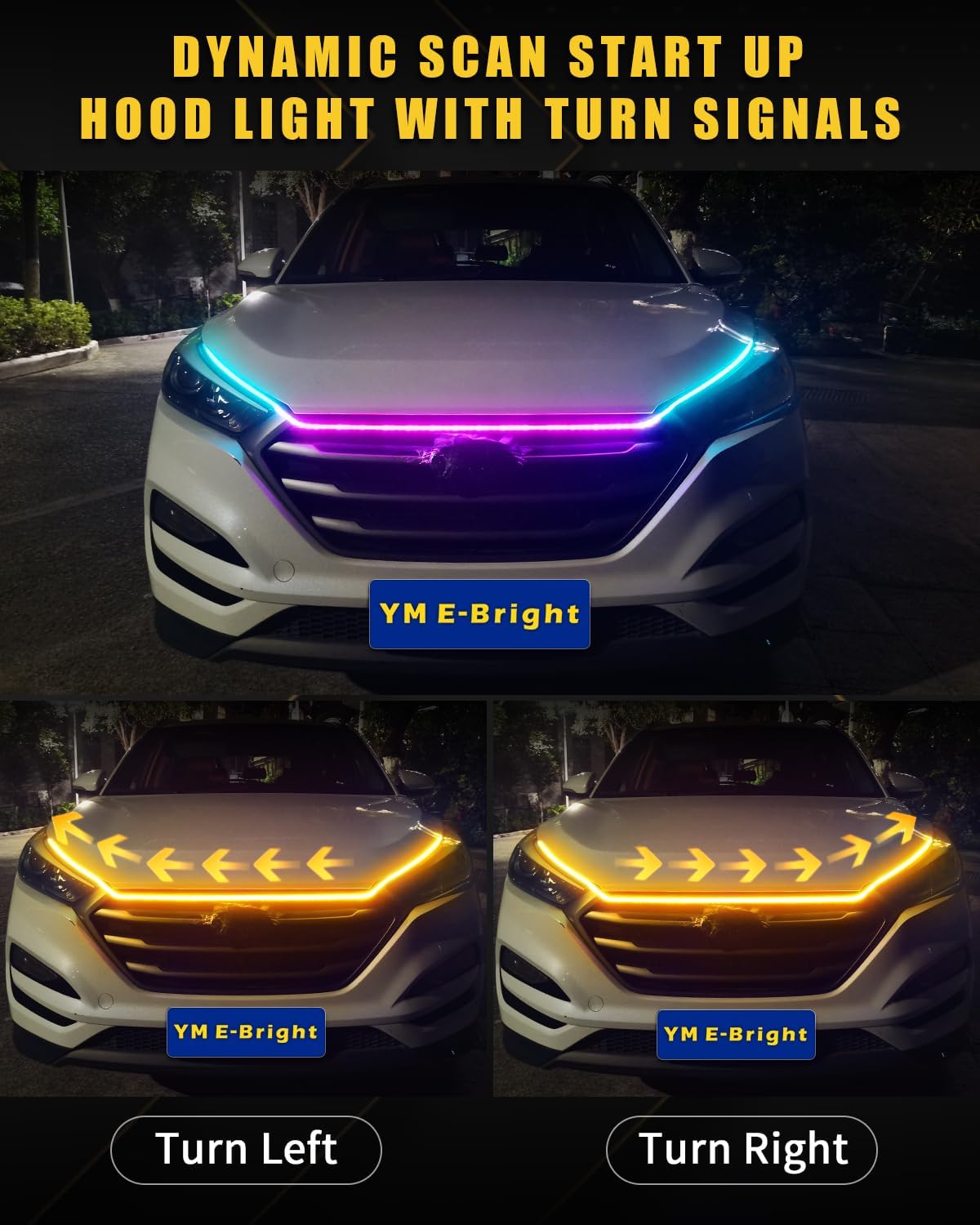 YM E-Bright Car Led Lights Exterior RGB Hood Light Strip Waterproof Multicolor Dynamic Scan Start Up Hoodbeam Kit DRL Daytime Running Lights for Cars,Truck,SUV,APP Remote Control,12V 59inch