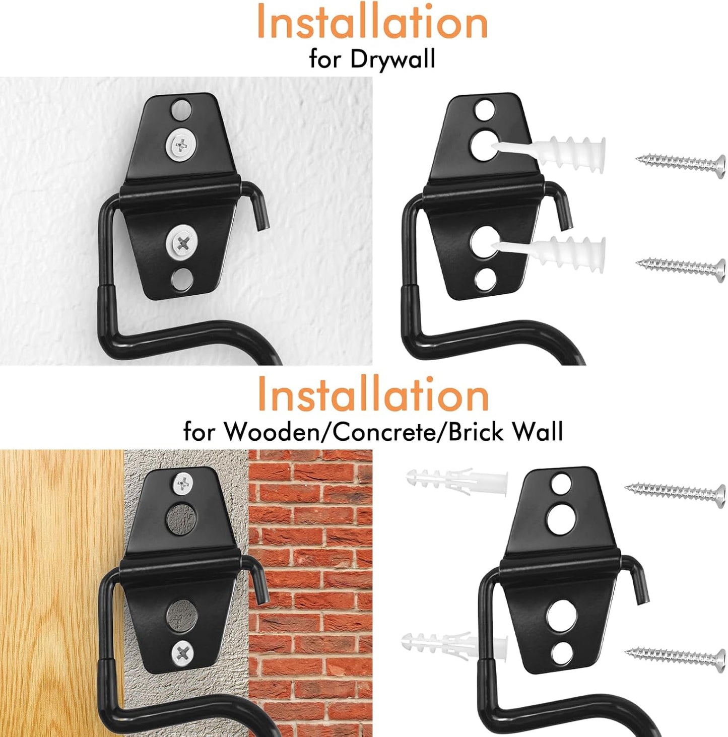 LIGHT DUST Broom Holder Wall Mount - 6 Pack Tool Hangers Garage Wall Hanging Organizer - Heavy Duty Metal Large S Hooks for Mop Shovel Rake Shed Garden Lawn Yard Handle Tools Organization (Black)