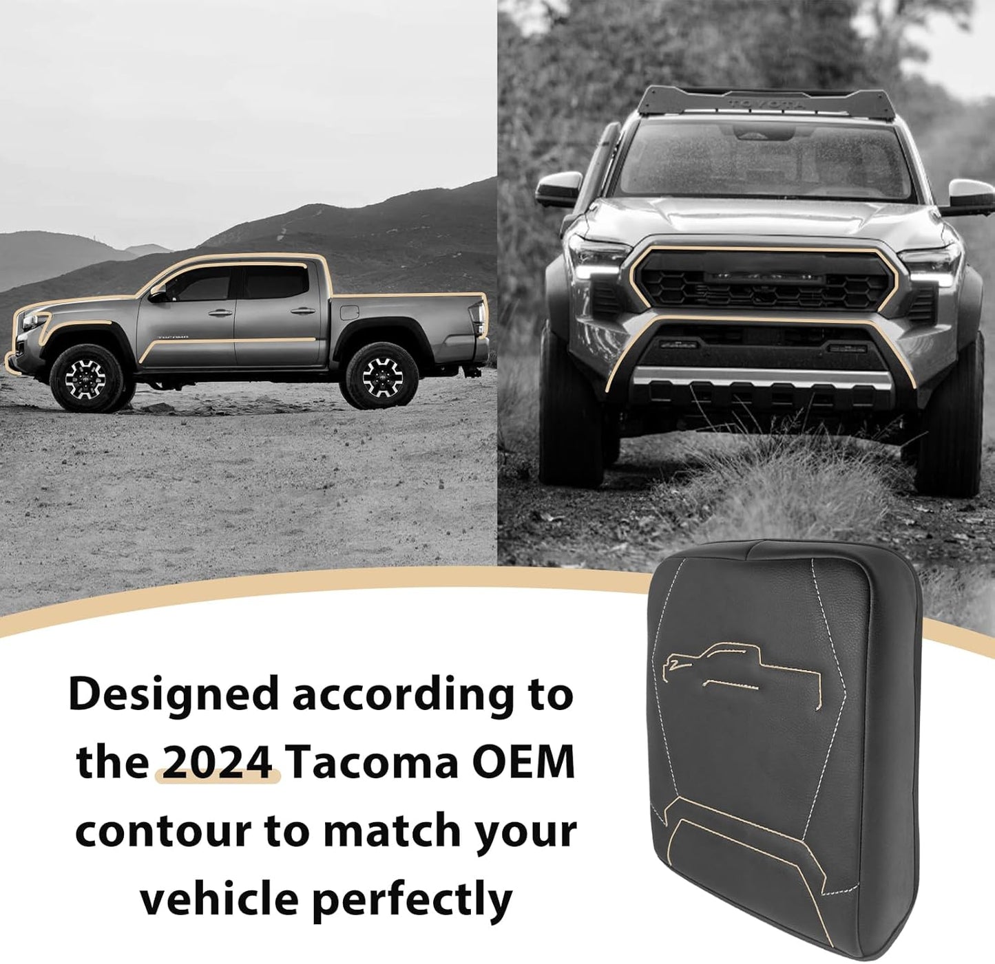 Muslogy Center Console Armrest Cover Compatible with 2024 Toyota Tacoma 2025+ 4Runner Accessories Armrest Lid Protector Vegan Leather Cushion Regular Thick(Black/Gray Stitching)