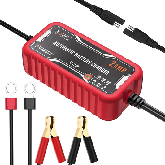 [2-Pack] FOVAL 2-Amp Car Battery Charger, 6V and 12V Portable Automatic Smart Charger, Battery Maintainer, Trickle Charger and Battery Desulfator for Car Lawn Mower Motorcycle Boat Lead Acid Batteries