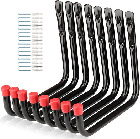 8 Pack Wall Mount Storage Hooks, 9.6IN Garage Utility Hanger for Ladder, Hold Chairs, Garden Tool, Hose, Bike Black +Red 9.6Inch x 8.8Inch