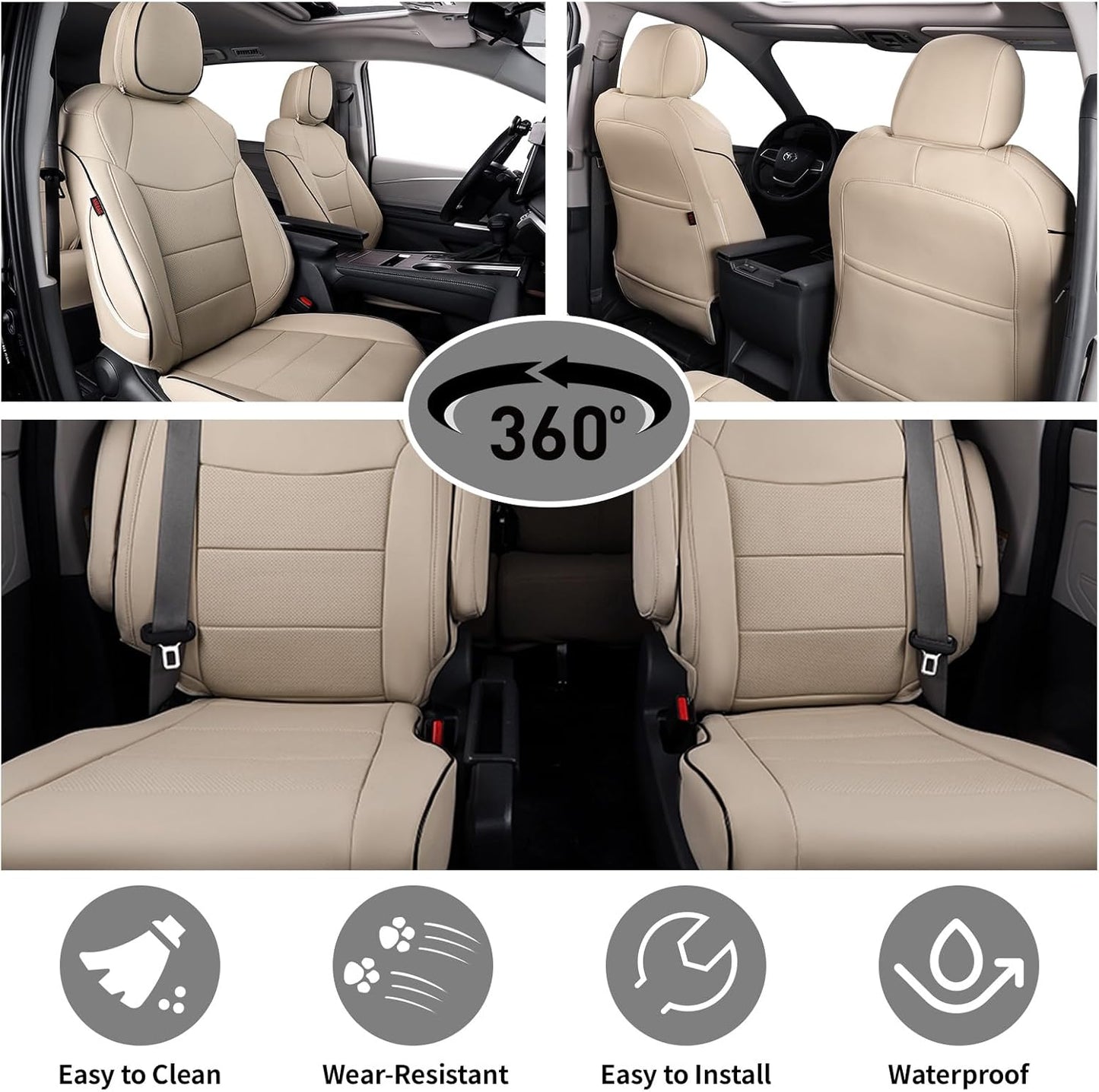 EKR Sienna Seat Covers for 2011-2020 Toyota Sienna LE,XLE, SE,XLE Premium 2nd Row 4/2/4 Split,8 Seats,Waterproof Car Seat Cover Full Set,Car Seat Protectors- Three Row,Leather (Beige)