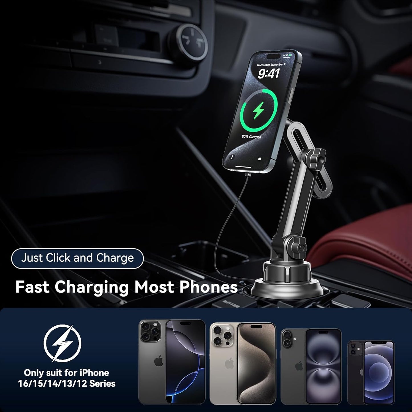 Miracase for Magsafe Car Mount Charger, 15W Fast Charging Cup Holder Phone Holder Wireless Magnetic Charger with Heat Dissipation System Only Fit iPhone 16/15/14/13/12 Series