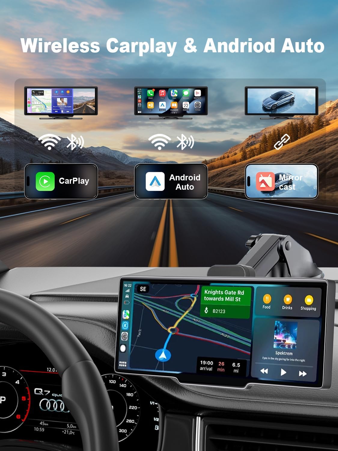 Apple Carplay Screen for Car, 10.26’’ Wireless CarPlay & Android Auto Screen with 4K Dash Cam, 1080P Backup Camera, Car Play Audio Receivers, GPS Navigation/Mirror Link/Bluetooth/FM/Voice Control