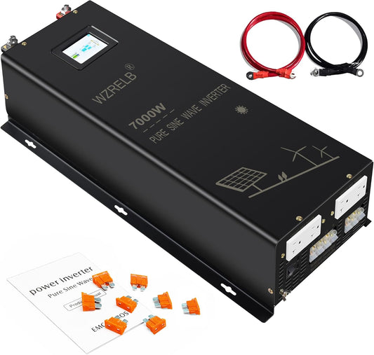 WZRELB 7000W Split Phase Pure Sine Wave Inverter, 48V DC to 120V/240V AC, 4 AC Outlets, Hardwire Terminal, High Efficiency up to 91.6%