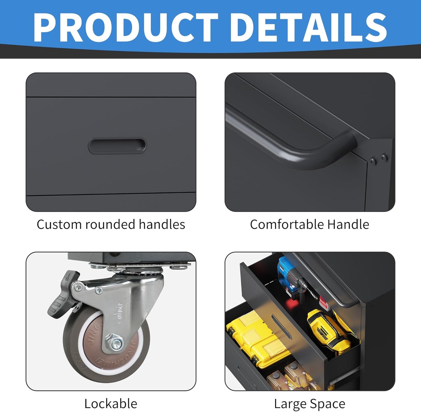 Metal Storage Cabinet with Wheels, Garage Storage Cabinet with 3 Drawers, Rolling Tool Storage Cabinet, Assembly Required, Black