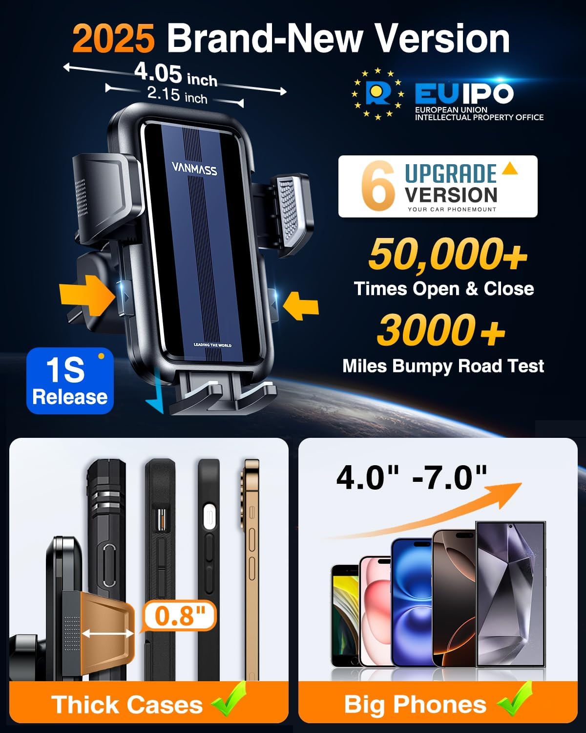 VANMASS 2025 Upgraded Car Phone Mount, [85+ LBS Strongest Suction] Patent Safety Cell Phone Mount Windshield Dashboard Vent Truck Accessories Stand Cradle for iPhone 16 Pro Max 15 14 13 Android