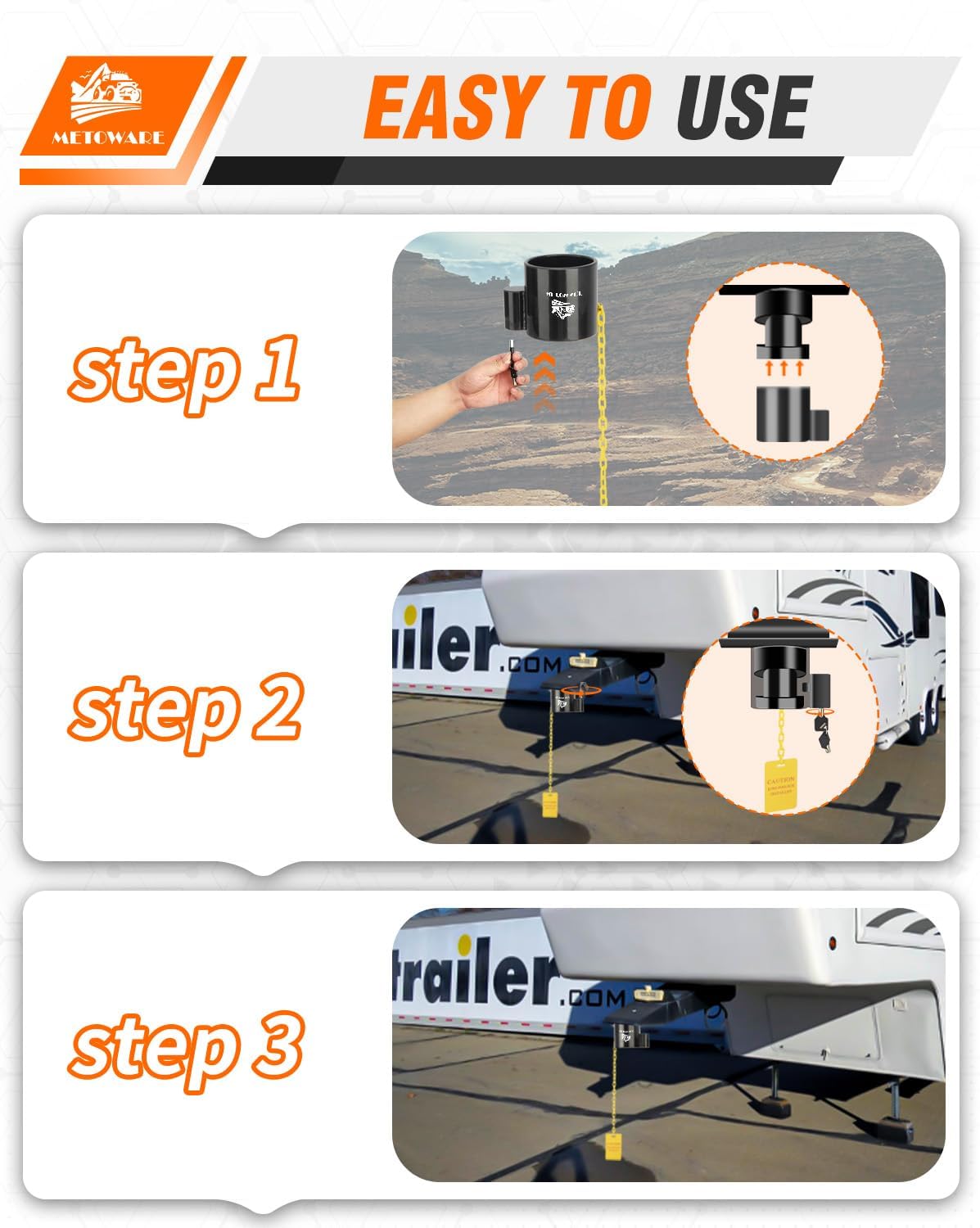 METOWARE 5th Wheel King Pin Lock with Warning Tag for 5th Wheel, RVs, Semi Trailers and Campers (Black)