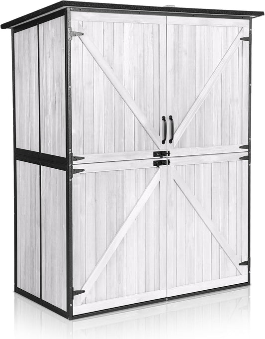 Outdoor Storage Shed with Floor - Waterproof Natural Fir Cabinet with Adjustable Shelves and Double Lock for Anti-Theft - Suitable for Storing Garden Tools and Household Debris (White)