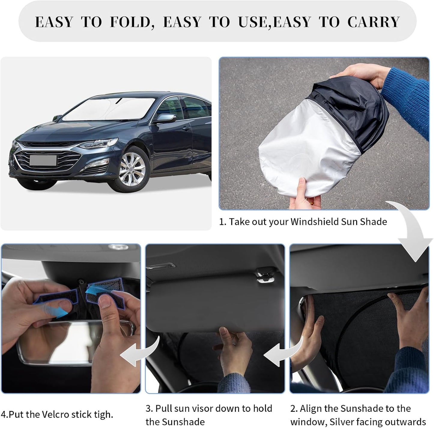 Sun Shade Sunshade for Chevrolet Malibu Windshield Cover, 4-Layer Front Window Shade Custom fit Chevy Malibu 2016-2024 2025 Sun Visor 240T Retractable Shade Blocks UV Rays Cooler Car Accessories