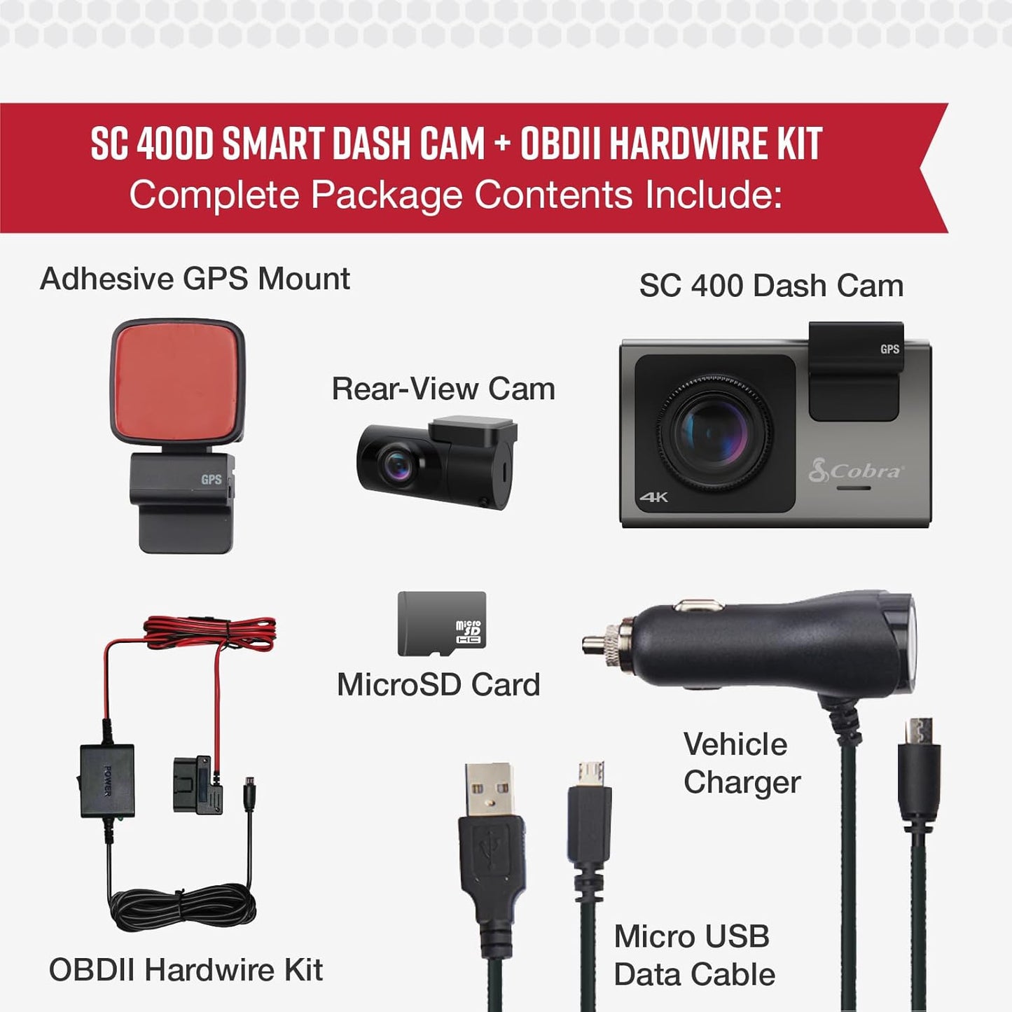 Cobra SC 400D Smart Dash Cam + Rear Cam and 2.5A OBDII Port to Micro-USB Hardwire Kit: Dual-View with UHD 4K Resolution, Built-in Wi-Fi & GPS, Live Alerts Through Drive Smarter App