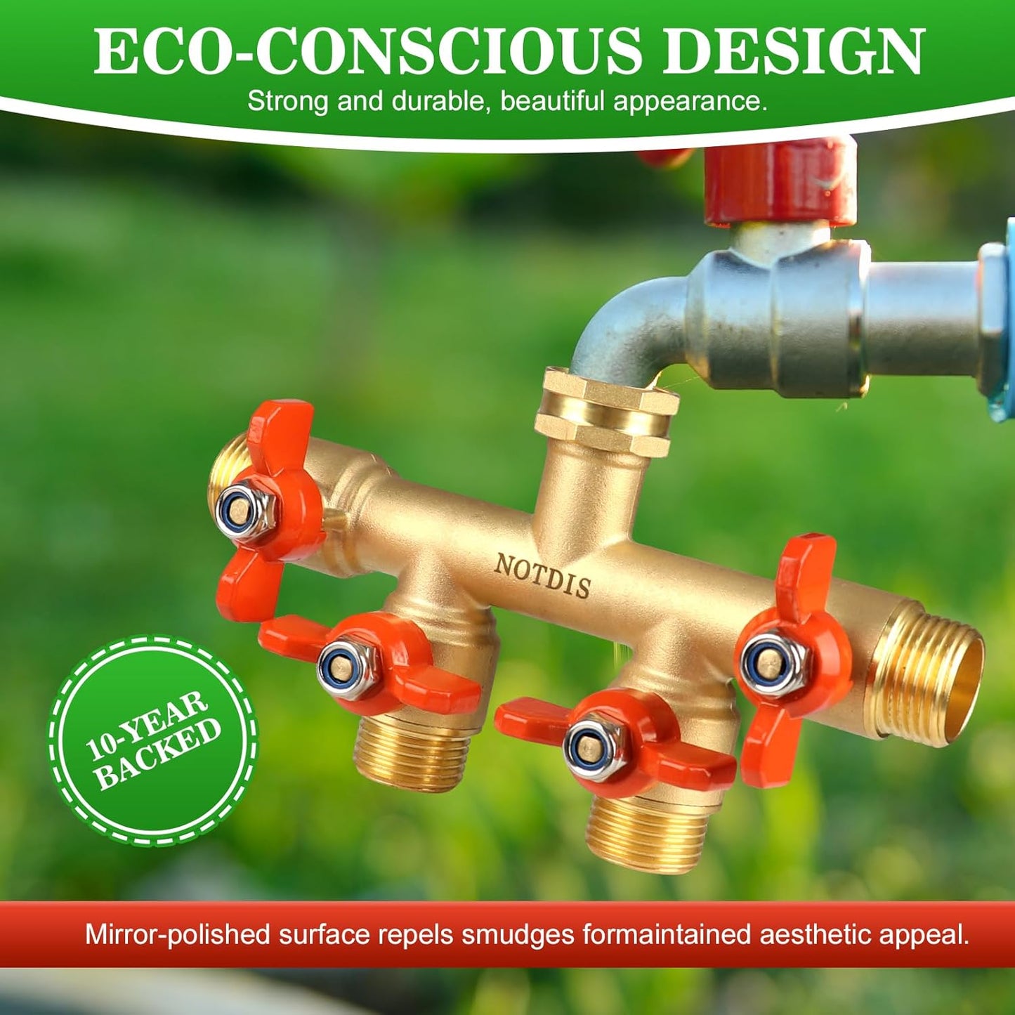 4 Way Brass Hose Splitter Full Flow with Metal Handle - Heavy Duty Spigot Splitter with Shut Off Valve, 3/4"" GHT Garden Tap Connector