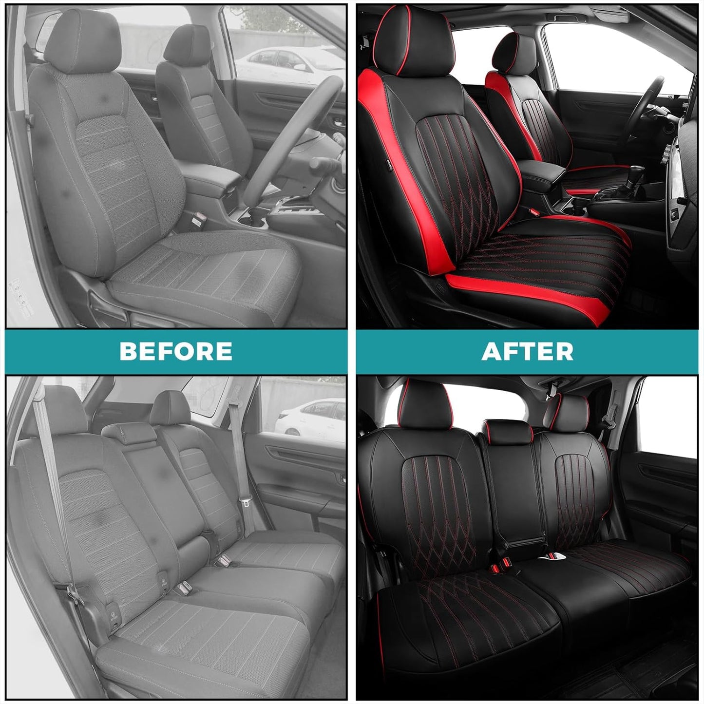 Seat Covers for Honda CRV 2023 2024 2025 2026 EX/EXL/LX/Sport/Touring/Special Edition, Hybrid & Gas, 1:1 Custom Leather Seat Covers Full Set - BlackRed