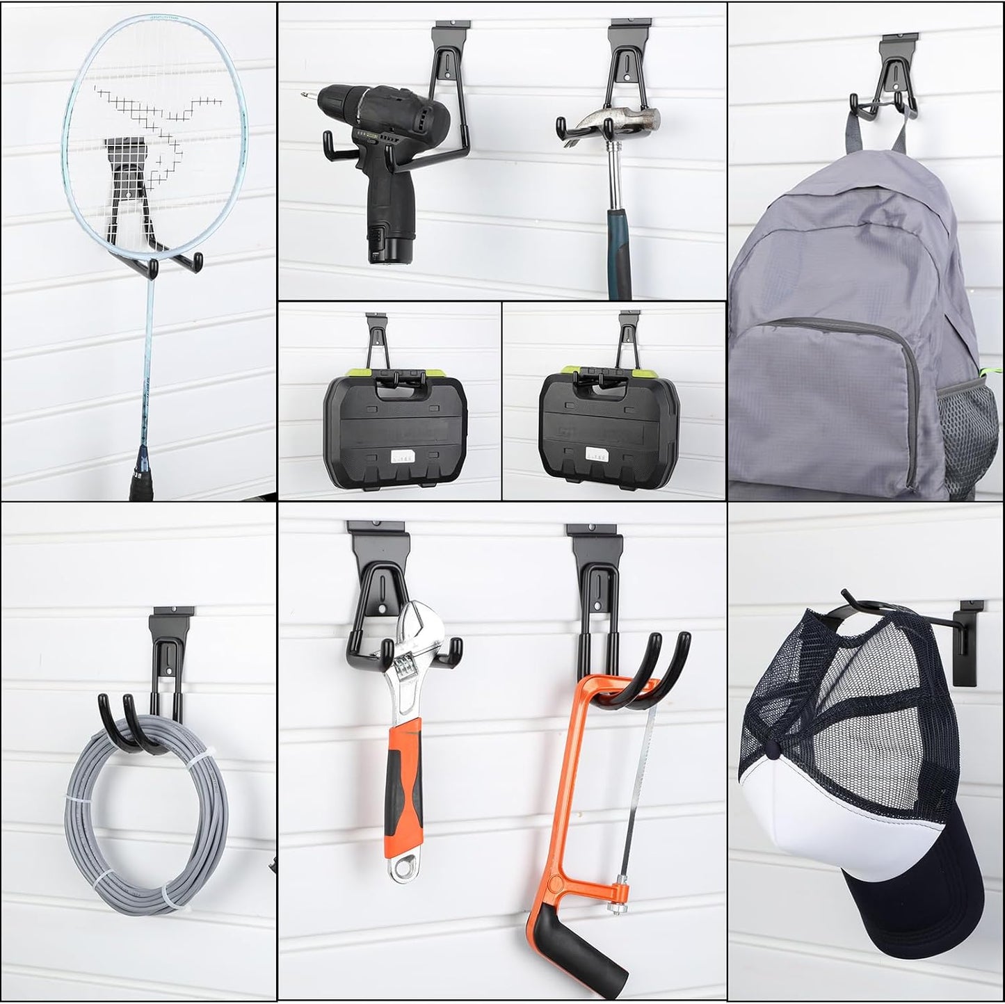 Landhoow 36 Pcs Slatwall Hooks & Hangers 32 Pcs Heavy Duty Slat Wall Hanging Hooks with 4 Pcs Storage Straps Assortment Slatwall Accessories for Storage Garage Wall Organization Garden Home (Black)