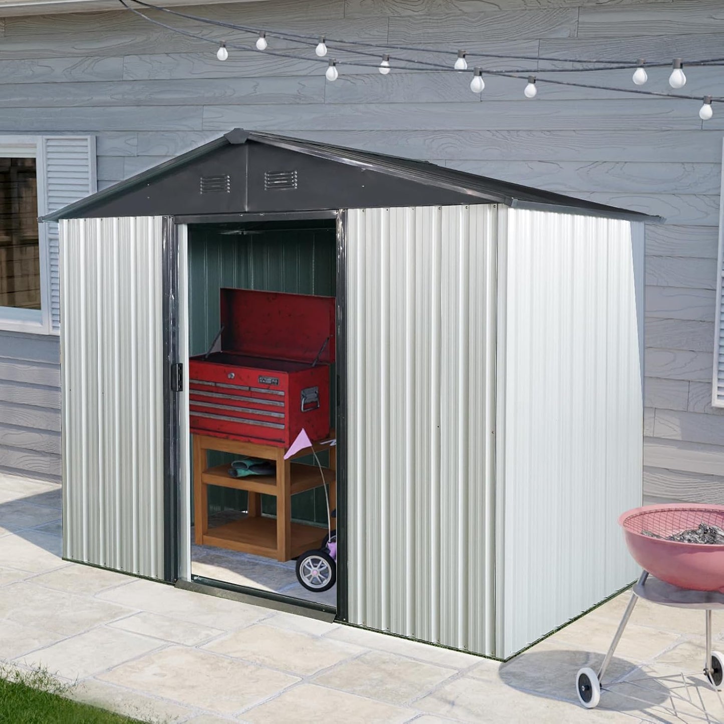 4x8 FT Outdoor Storage Shed, Metal Garden Shed with Frame Floor, Outside Tool Shed with Lockable Sliding Doors, Waterproof Storage Building with Sloped Roof for Backyard, Patio, Lawn, White+Black