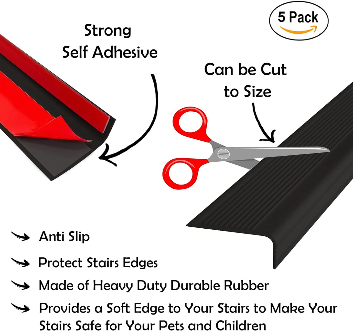 Rubber Bond Stair Edge Protector (Pack of 5) 36x2x1 inch Anti-Slip Stair Corner Trim Rubber Strips - Waterproof Self-Adhesive Staircases for Outdoor & Indoor Uses | Protect Kids & Pets - Black