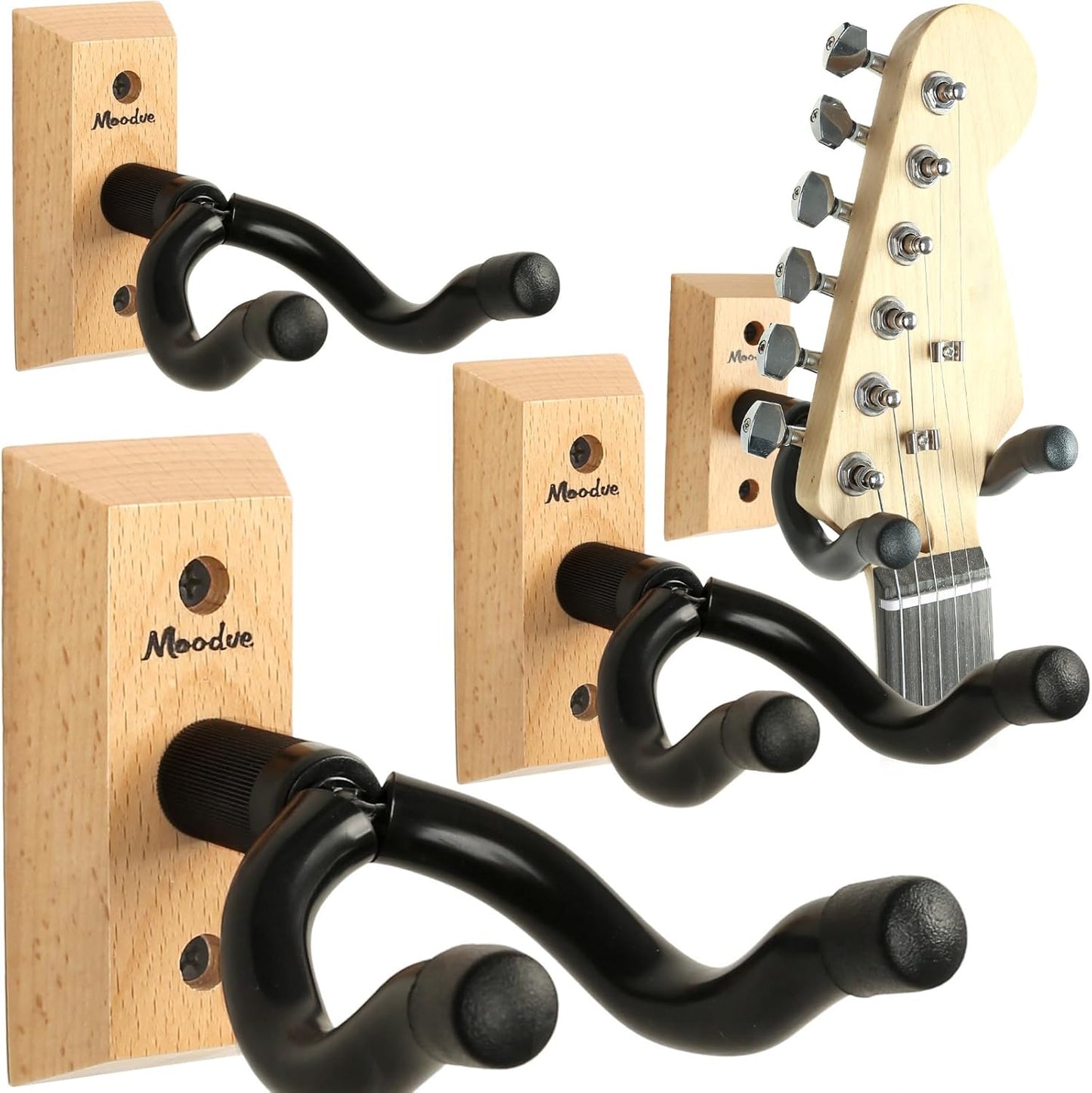Guitar Wall Mount Hanger, 4-Pack Real Hardwood Guitar Hanger for Wall, Guitar Hook Holder Stand for Bass Electric Acoustic Guitar Ukulele (Beech Wood)