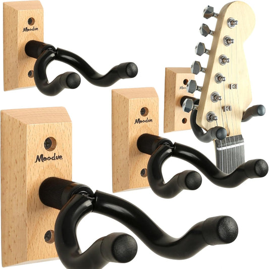 Guitar Wall Mount Hanger, 4-Pack Real Hardwood Guitar Hanger for Wall, Guitar Hook Holder Stand for Bass Electric Acoustic Guitar Ukulele (Beech Wood)