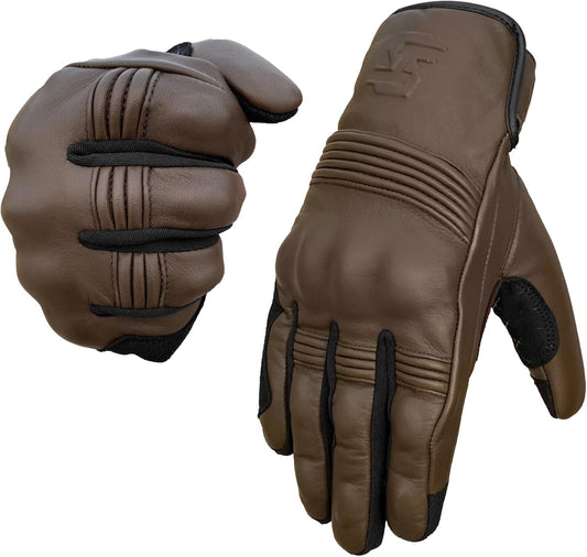 Leather Motorcycle Gloves for Men and Women | Touchscreen | Full Finger | Goatskin Leather Hard Knuckle Motorcycle Riding Gloves (Classic Brown, Large)