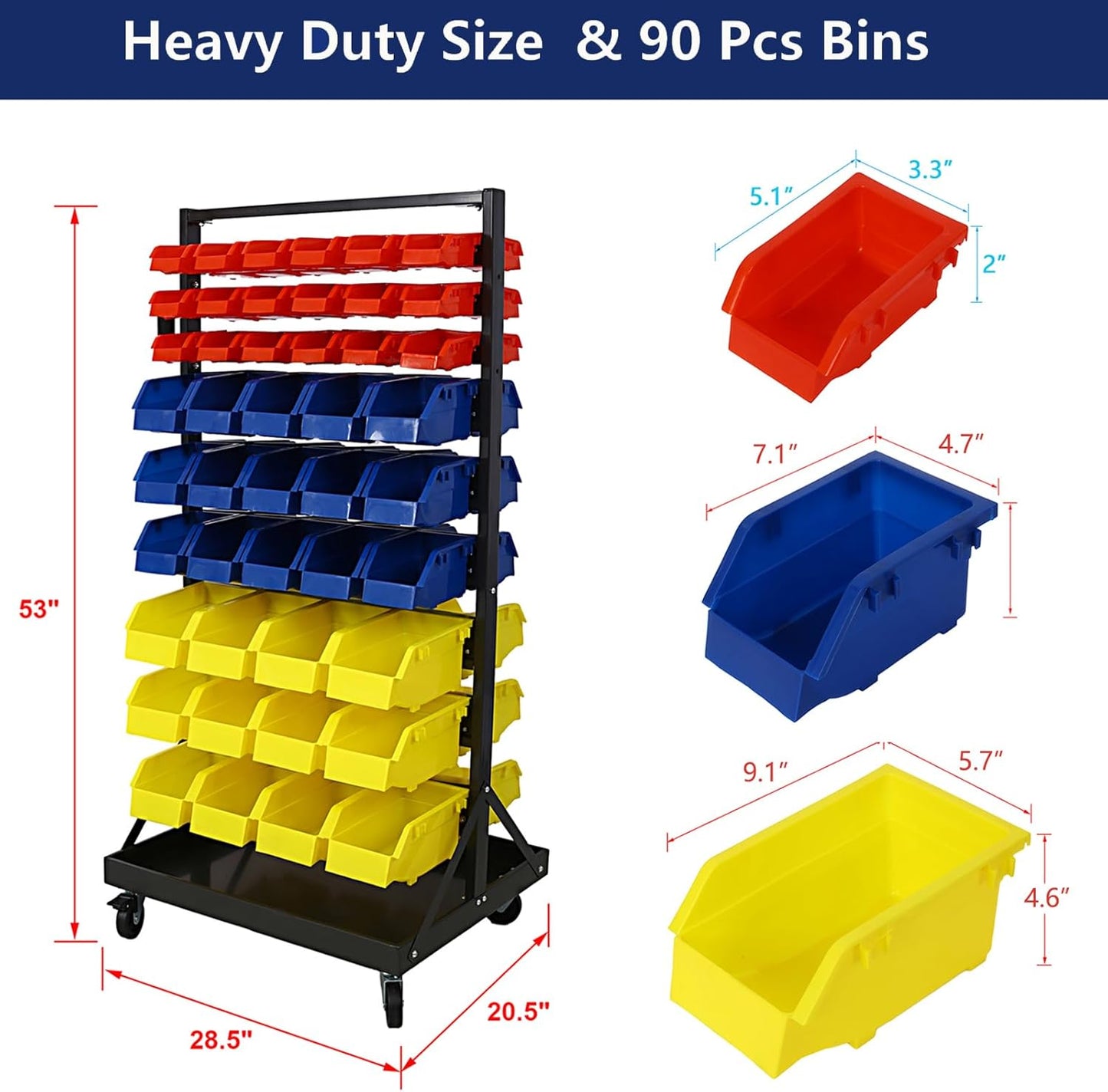 90 Parts Bin Rack Garage Storage Unit 9 Tiers System Steel Shelf with Portable Wheels, Mobile Tool Organizer Plastic Bins, for Men Birthday Gift (9 Tiers)