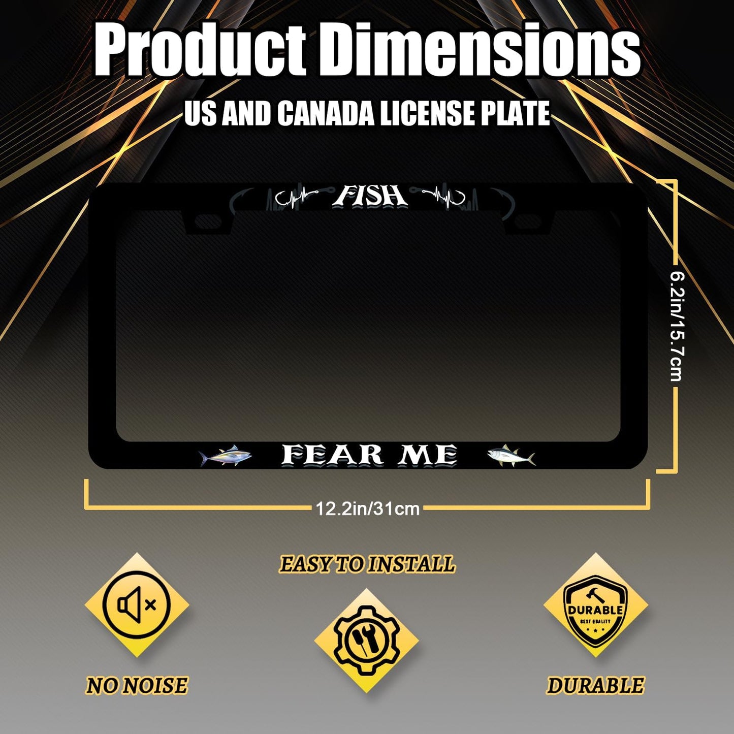 Fish License Plate Frame Fish Fear Me License Plate Holder for Personalized Car Decorative Stainless Steel Funny Text License Plate Fishing Auto Part Women Men with Screws 12.2" x 6.2"