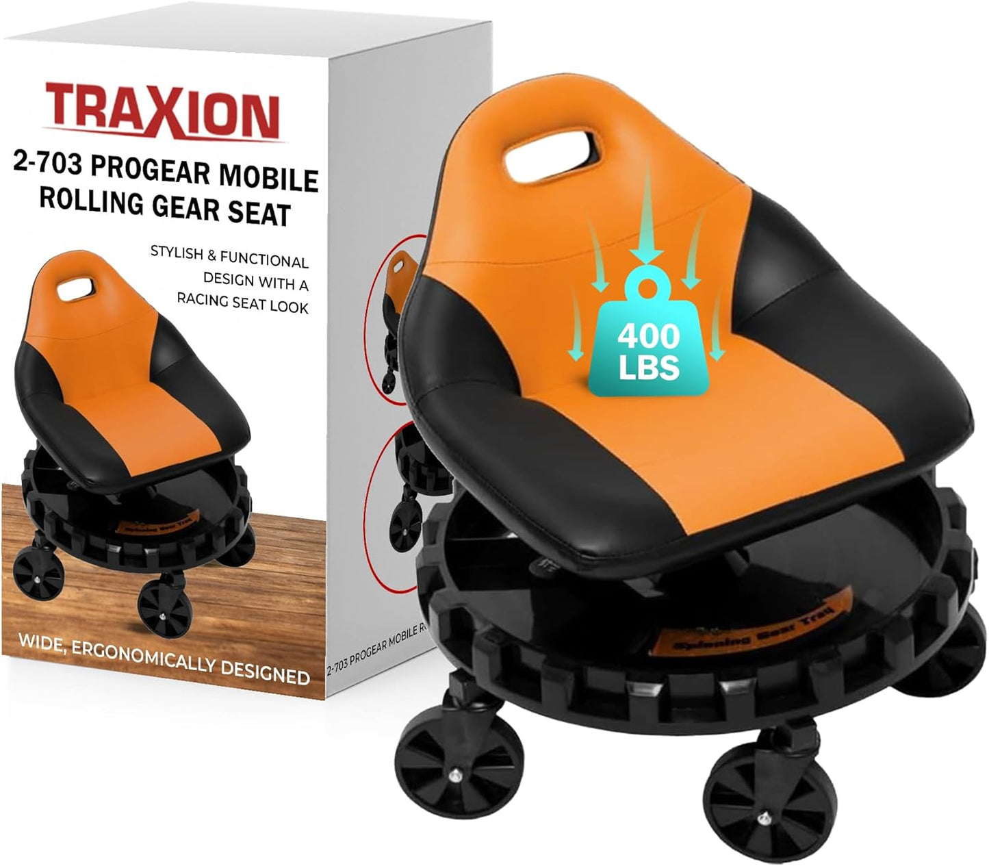 Traxion 400lb Capacity 2-703 Orange Progear Mobile Rolling Gear Seat with Black Carbon Fiber