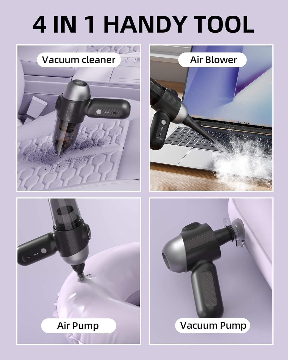 2025 Upgraded Mini Car Vacuum with 12000Pa, Portable 4-in-1 Blowing and Suction Function, Mini Vacuum Cleaner Air Duster Suitable for Quick Cleaning of Small Areas, Car, Office, Home, PC