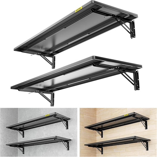 2pack-1.3x4ft Adjustable Rail Type Folding Storage Rack Shelf, Suitable for Garage, Storage Room, kitchens Wall Shelf Garage Storage Rack Floating Shelves, Wall Mounted Folding Table(2pcs-Black)