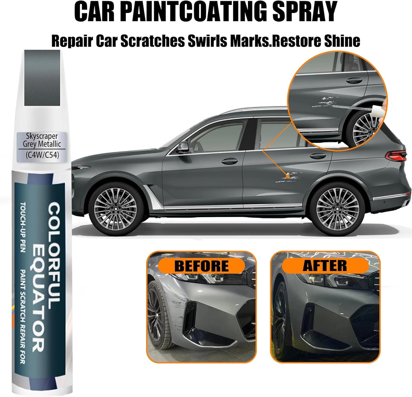 Skyscraper Grey Metallic(C4W/C54) Touch Up Paint for BMW, Car Paint Pen Scratch Repair Two-In-One Touch Up Paint, Premium Car Scratch Remover for Deep Scratches