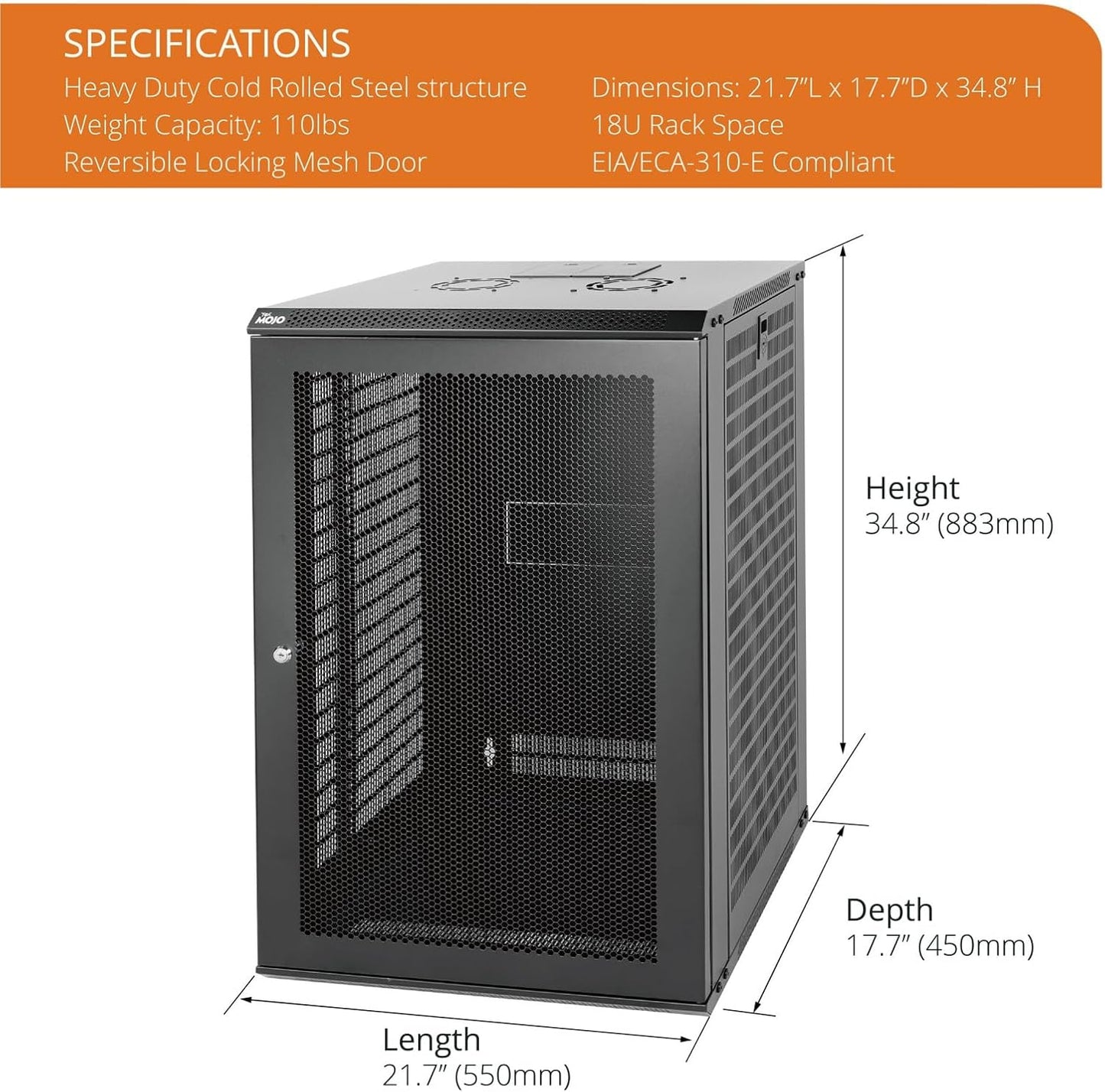 Tecmojo 18U Wall Mount Rack Network Cabinet for 19" IT Equipment,with Lockable Mesh Door and Side Panels,Cooling Fan,Black,17.7inch Depth for AV/Computer/Electronics Equipment Data Rack