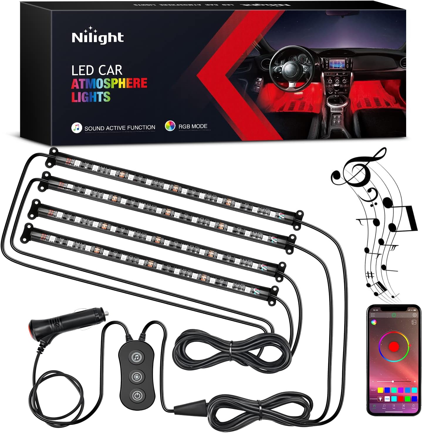 Nilight Car Interior Lights with APP Control 16 Million RGB Colors Strip Lights with Music Sync Mode and Multiple Scene Options for Cars Trucks SUVs