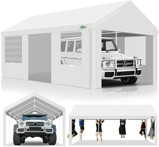 COBIZI Carport 12x20ft Heavy Duty Portable Garage, 2.0 Powder Coated Frame(Better Than Galvanized), Waterproof Shelter with Removable Sidewalls & Windows, Built-in Sandbags, for Car/Boat/SUV, White