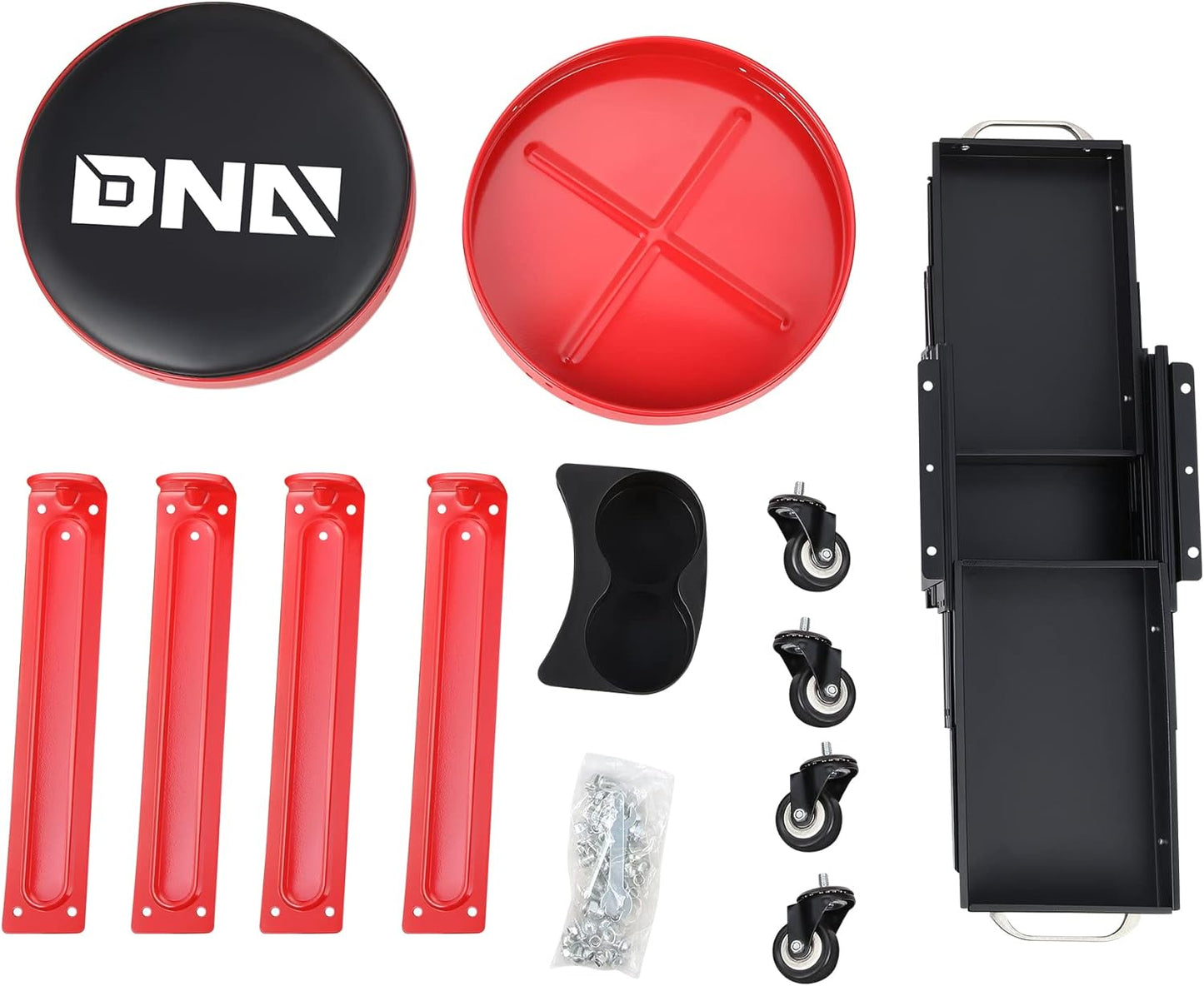 DNA Motoring TOOLS-00197 Round Mechanics Roller Seat Creeper Stool With Padded Cushion, Tool Storage Drawer & Tray, 300 Lbs Max Weight Capacity