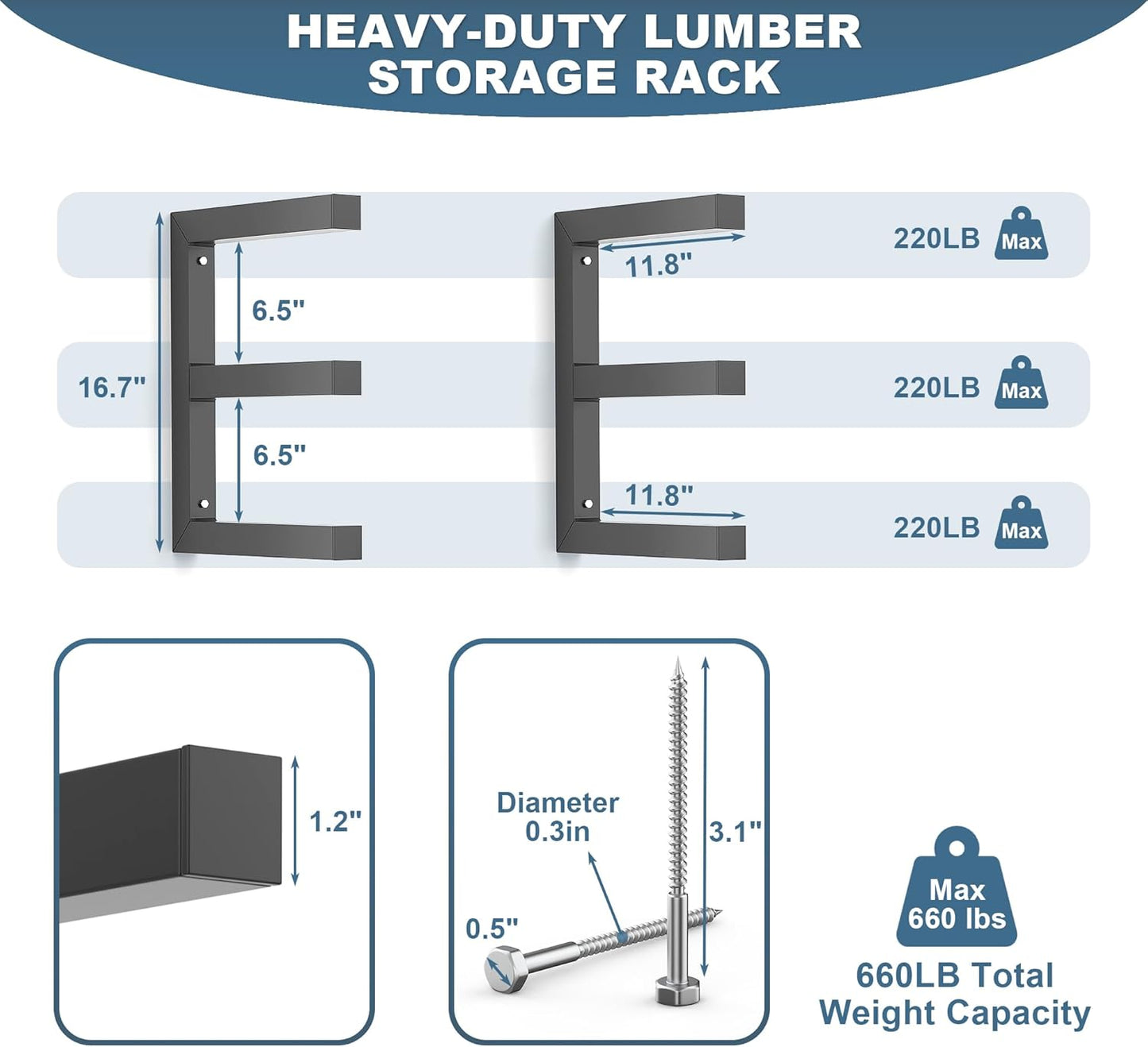 Ultrawall Lumber Storage Rack Wall Mount Wood Storage Racks, Metal Wood Organizer Racks for Shed, Workshop, Garage, Holds Up 220 LBS Per Level (Pack of 4, Black)