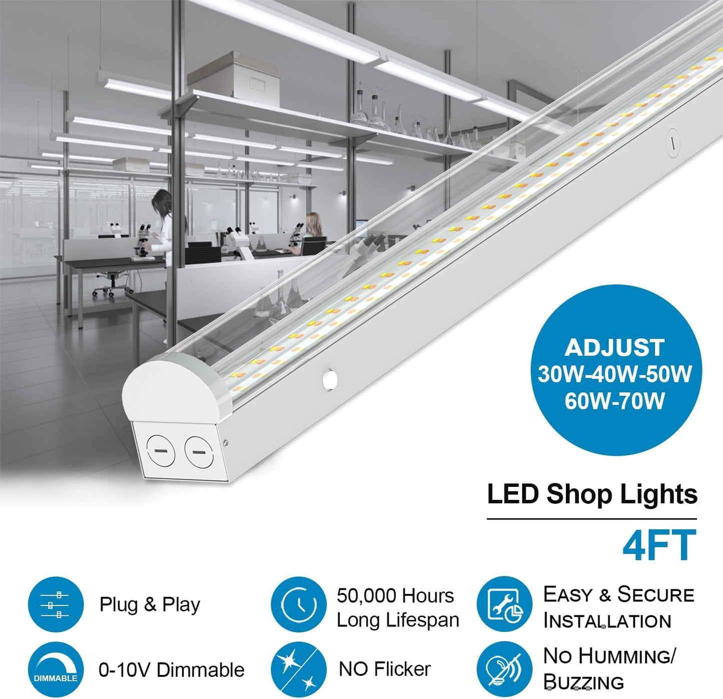 4FT LED Linear Strip Light, Super Bright 4 Foot LED Shop Lights 70W 60W 50W 40W 30W/6CCT 3000K-6500K Selectable, Flush Mount or Hanging 0-10V Dimmable Commercial Garage Ceiling Light, ETL DLC(4 Pcs)