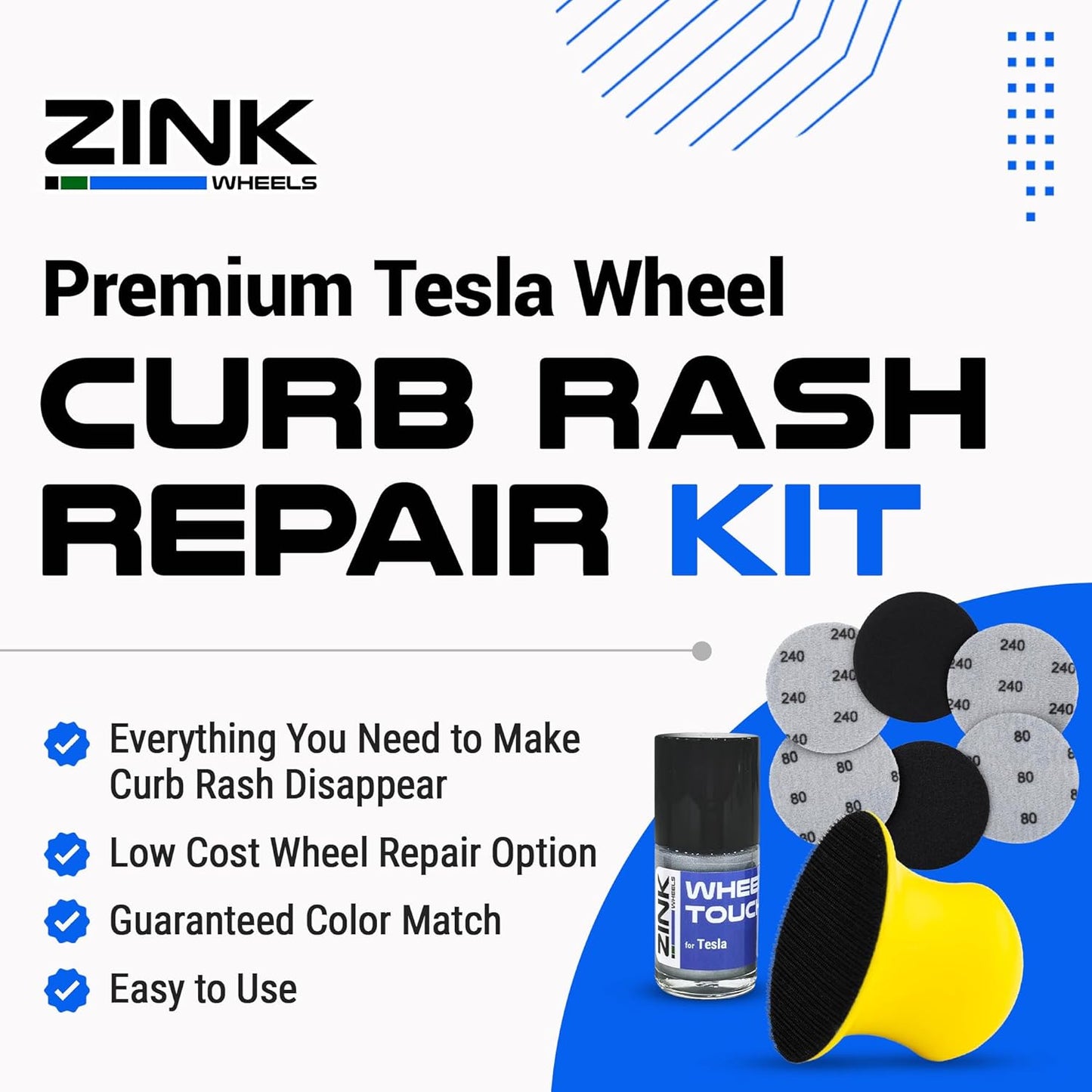 Premium Tesla Wheel Curb Rash Repair Kit for Model Y 20-inch Silver Helix 2.0 Rims - DIY Kit with Color-matched Touch Up Paint - Made in USA